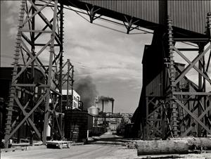 Metal scaffolding towers above railroad tracks heading towards industrial buildings and smokestacks. Large logs are strewn about in the foreground. 